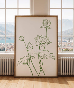 Ilustración de arte de línea verde de flores de loto con capullos