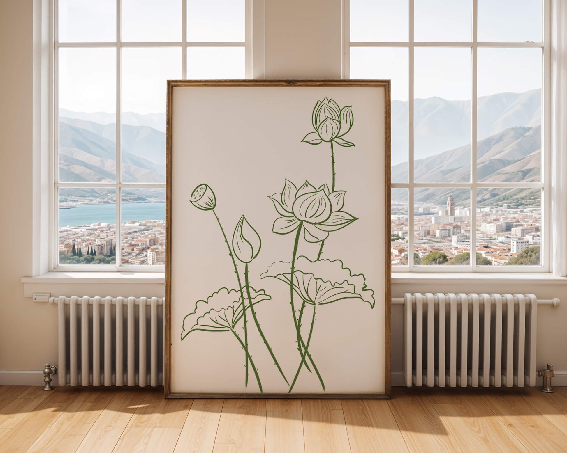Ilustración de arte lineal verde de flores de loto con capullos