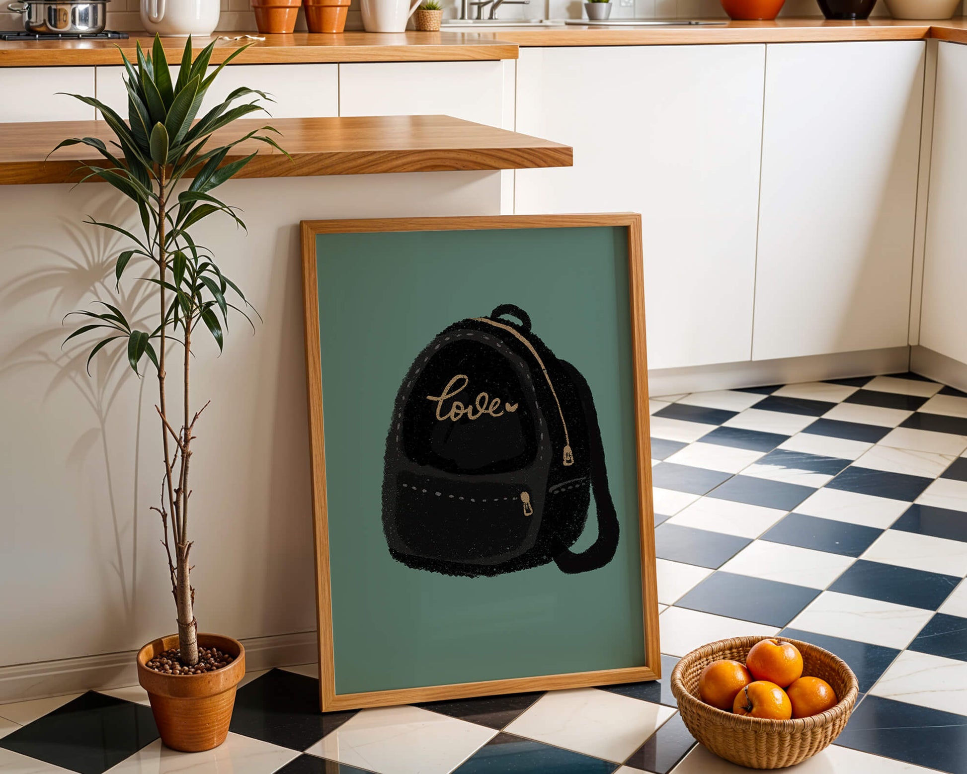 Elegant black backpack with gold accents and love inscription