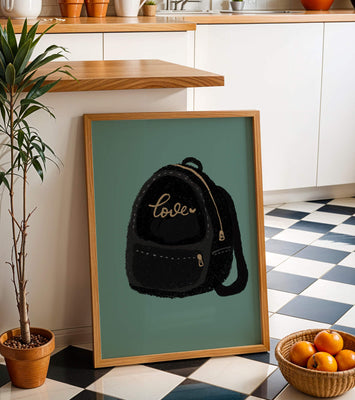 Elegant black backpack with gold accents and love inscription