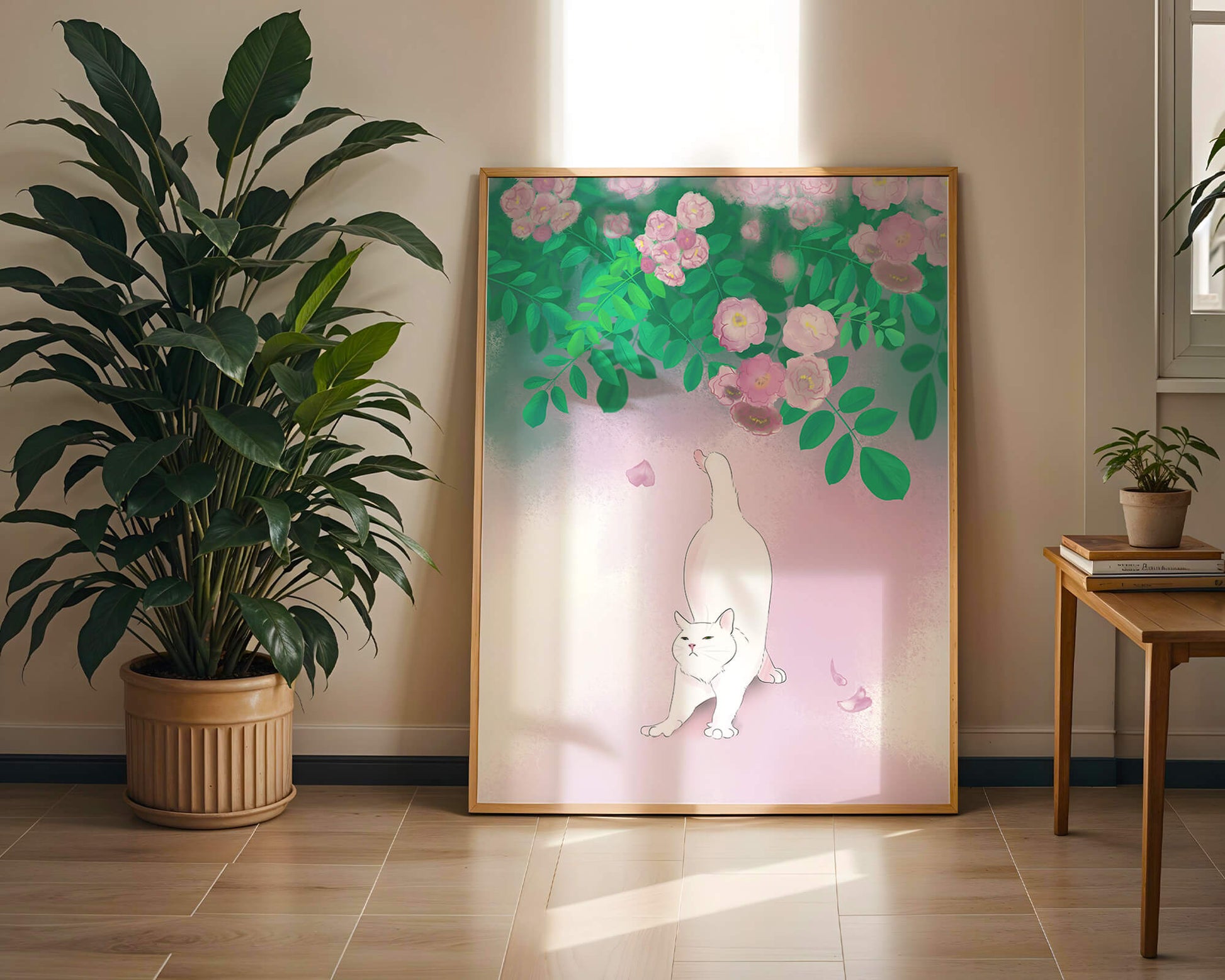 White cat stretching beneath blooming flowers in a pastel garden setting
