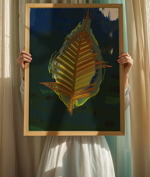 Abstract digital artwork featuring a vibrant multicolored leaf