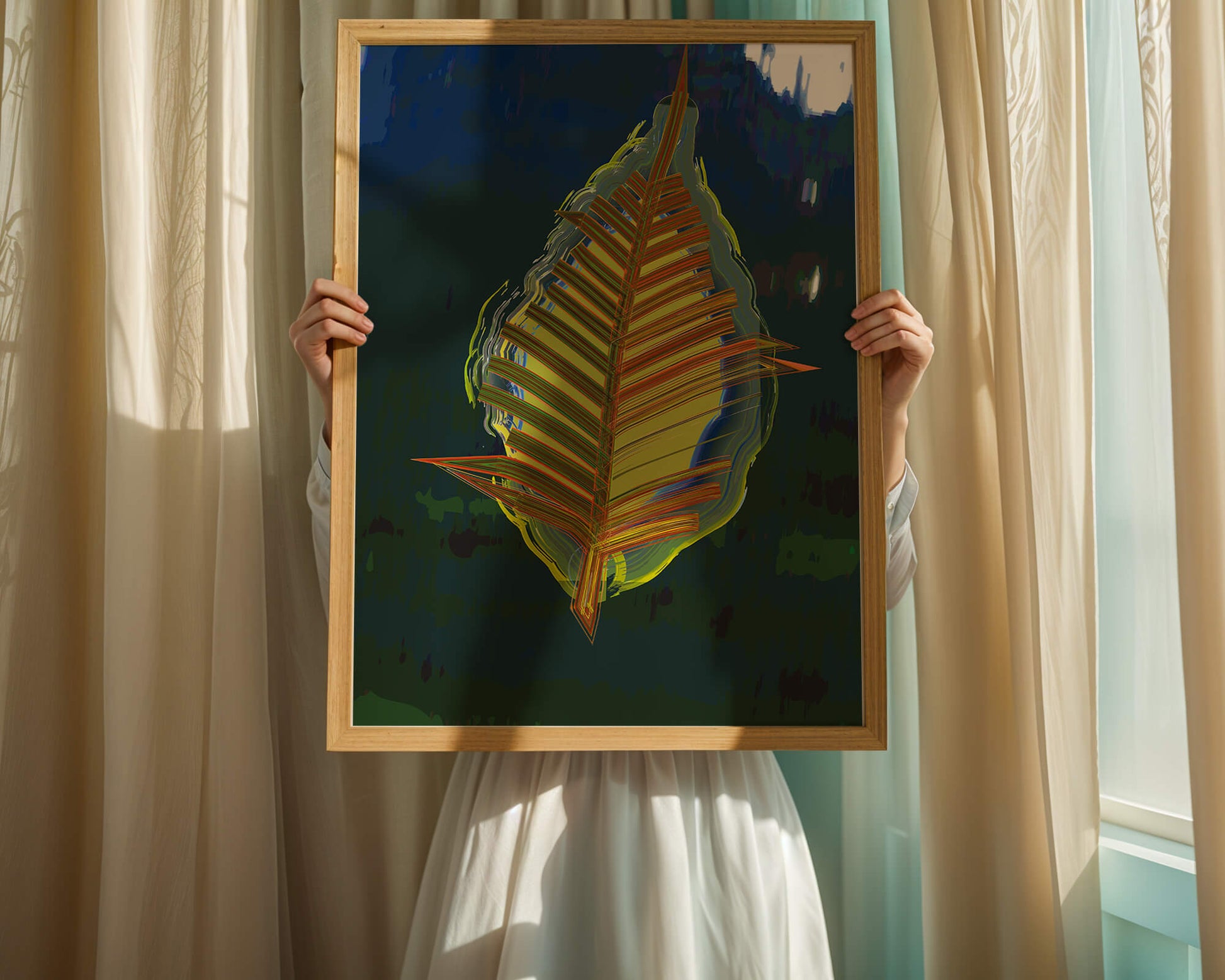 Abstract digital artwork featuring a vibrant multicolored leaf