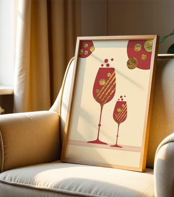 Stylish wine glasses with gold accents and a festive theme