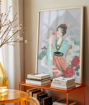 Elegant Asian woman with flowers and mountain background