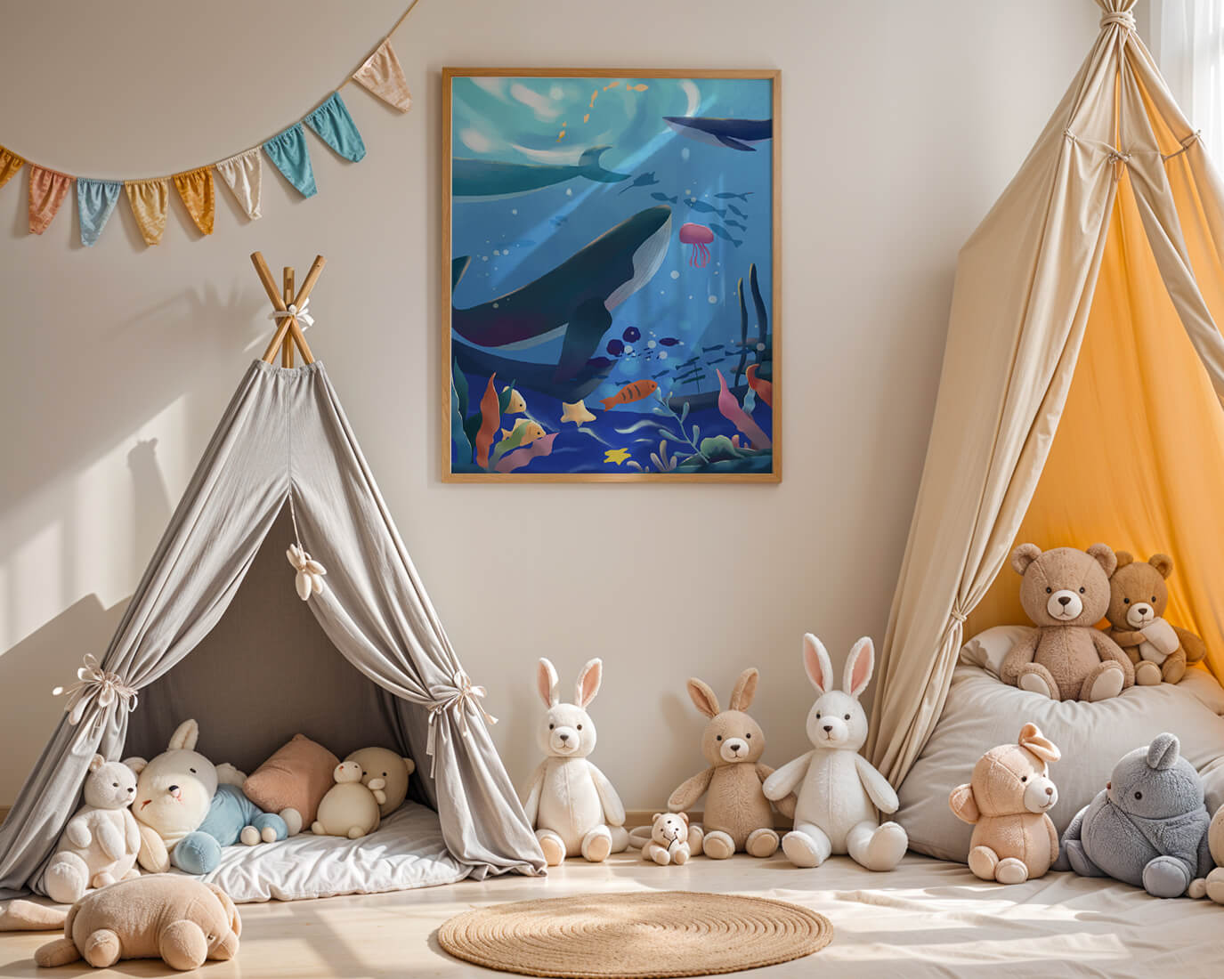 Underwater scene with whales, fish, and coral reef