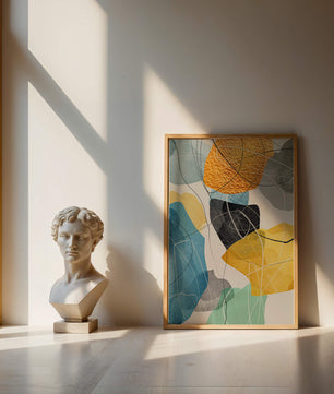 Abstrakte geometrische Kunst mit goldenen Akzenten und leuchtenden Farben