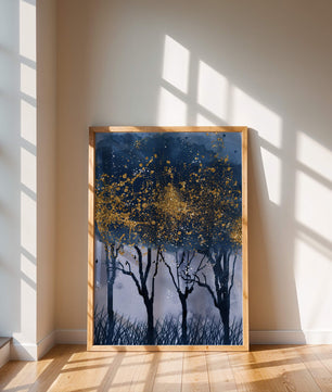 Mystical forest landscape with gold splatter art