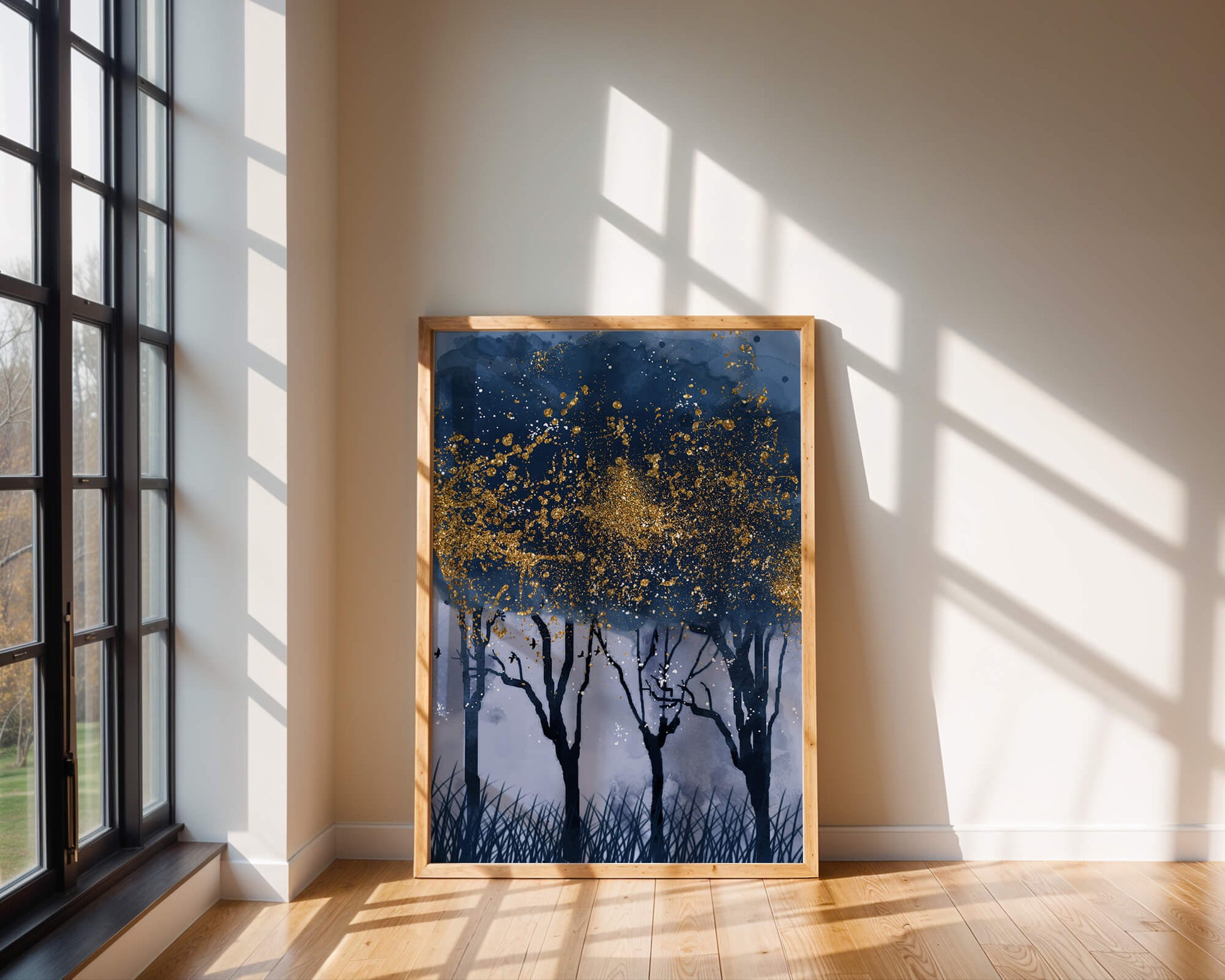 Mystical forest landscape with gold splatter art