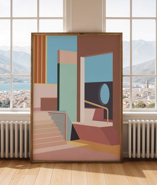Diseño arquitectónico moderno con elementos geométricos pastel
