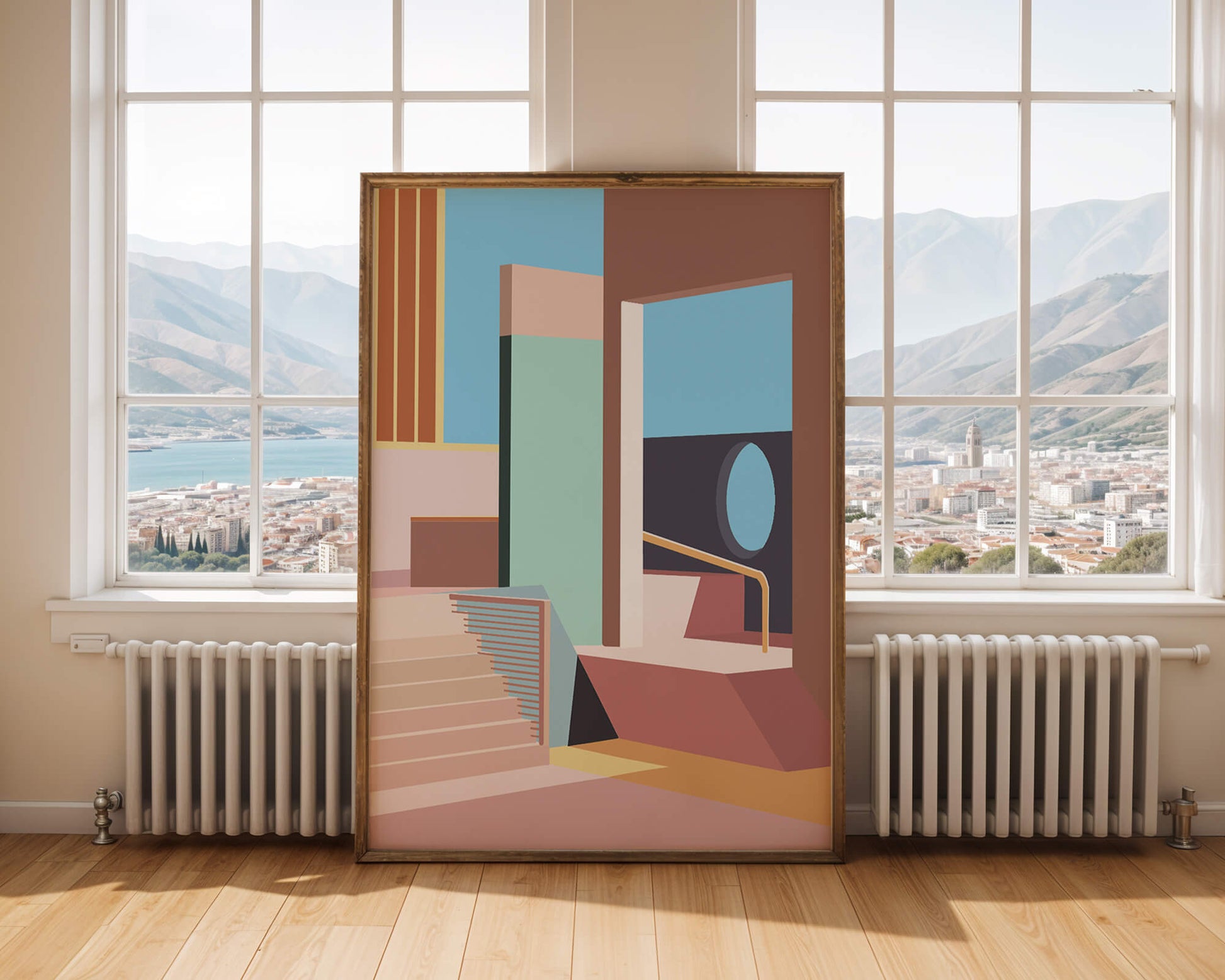 Diseño arquitectónico moderno con elementos geométricos pastel