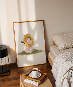Adorable child with sunflower costume sitting on a grassy patch