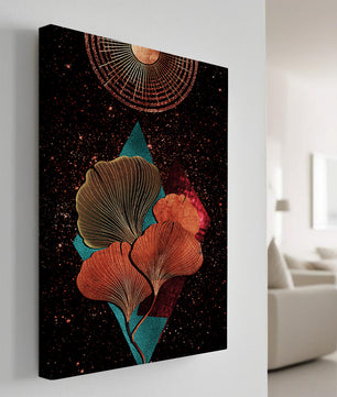 Traducción al español: Ilustración floral cósmica abstracta con elementos geométricos y acentos dorados