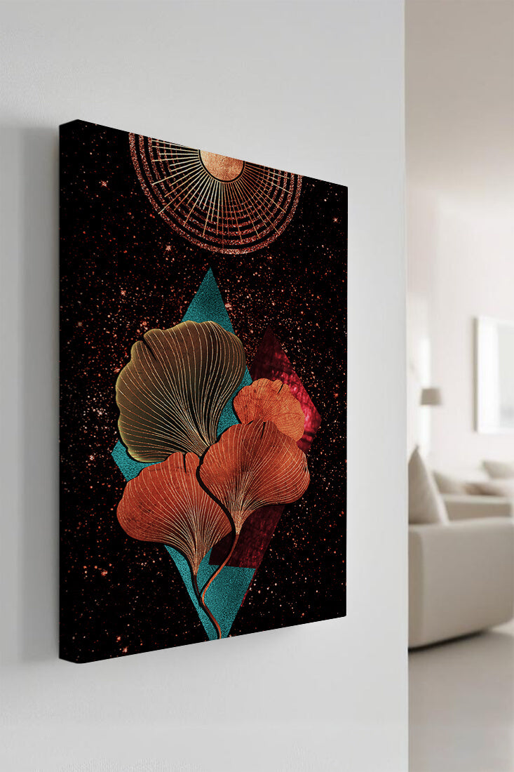 Traducción al español: Ilustración floral cósmica abstracta con elementos geométricos y acentos dorados