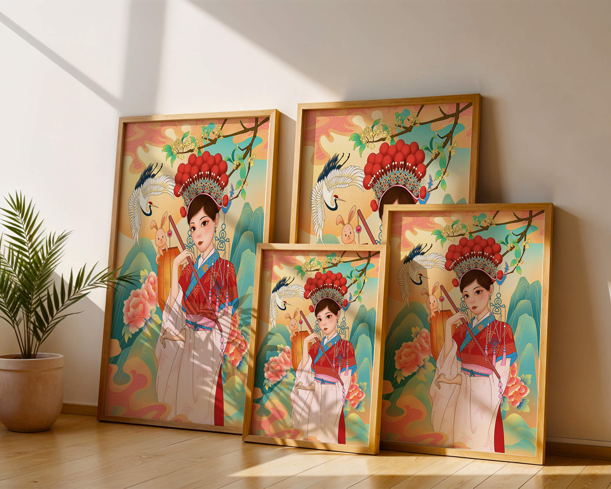 Elegant traditional Chinese illustration featuring a woman in vibrant attire with floral and animal motifs