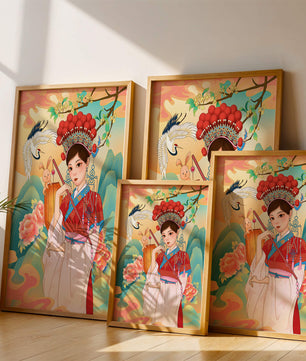Elegante traditionelle chinesische Illustration mit einer Frau in lebendiger Kleidung mit Blumen- und Tiermotiven