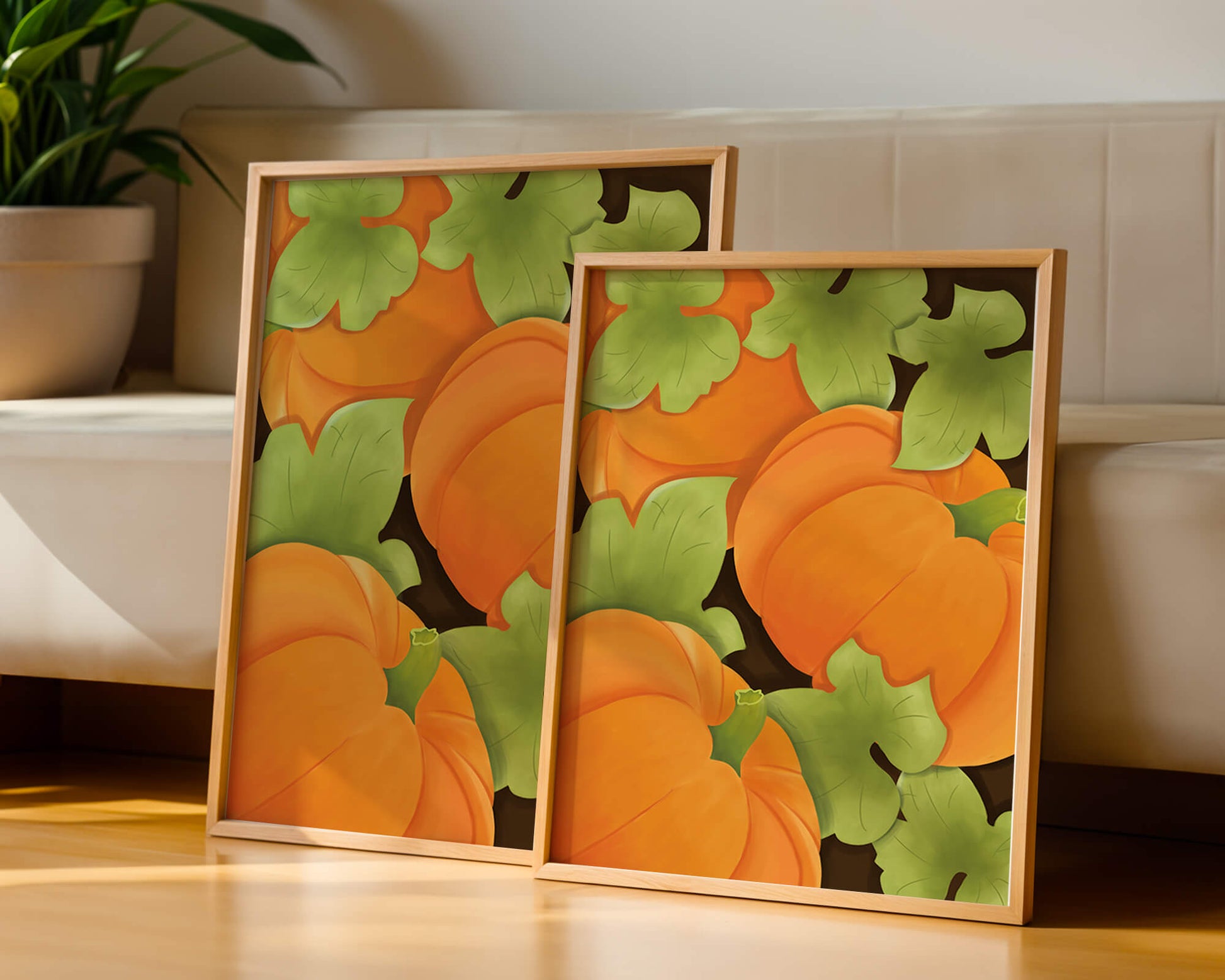 Colorful Pumpkin Pattern With Green Leaves