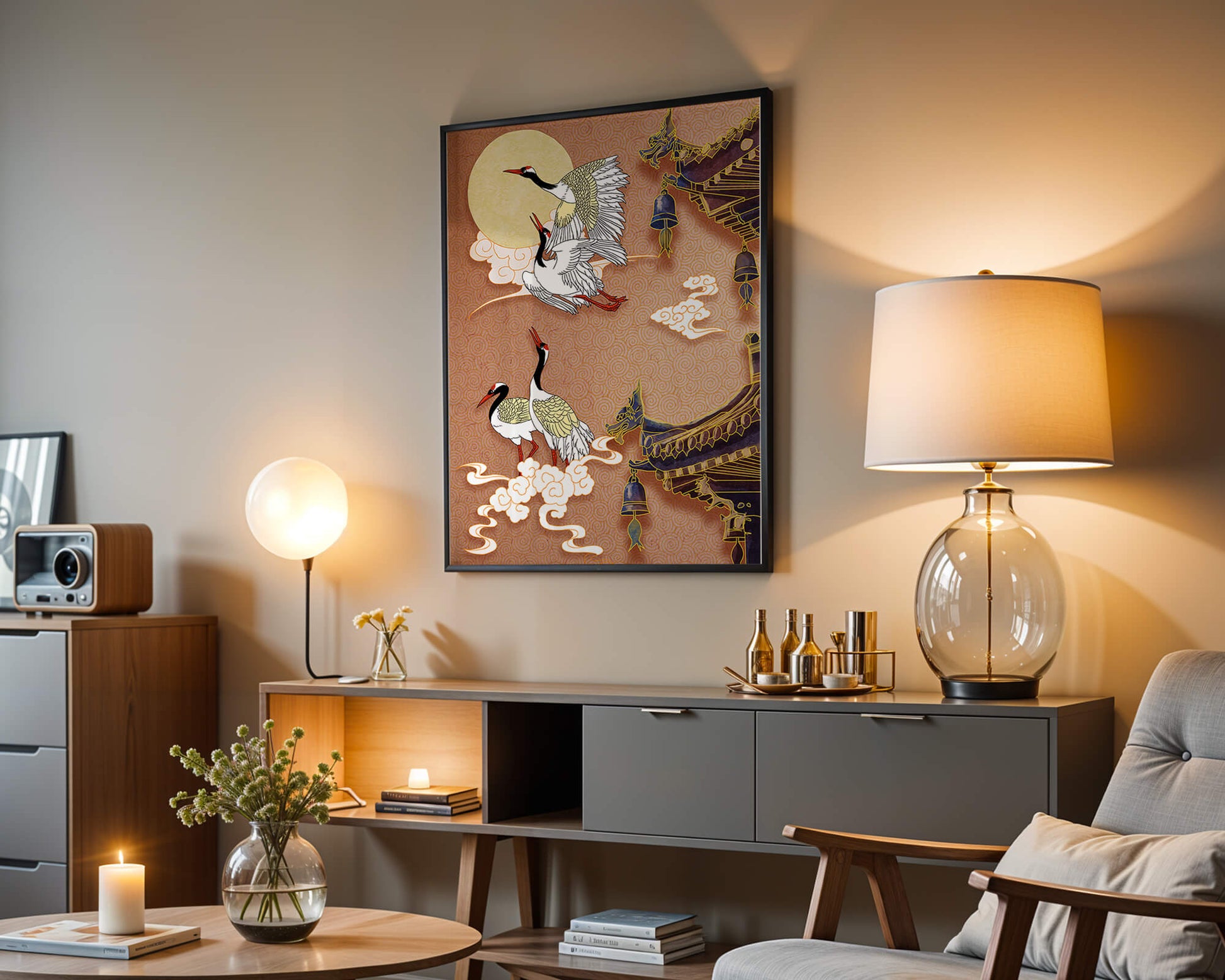 Oriental crane art with golden accents and architectural design