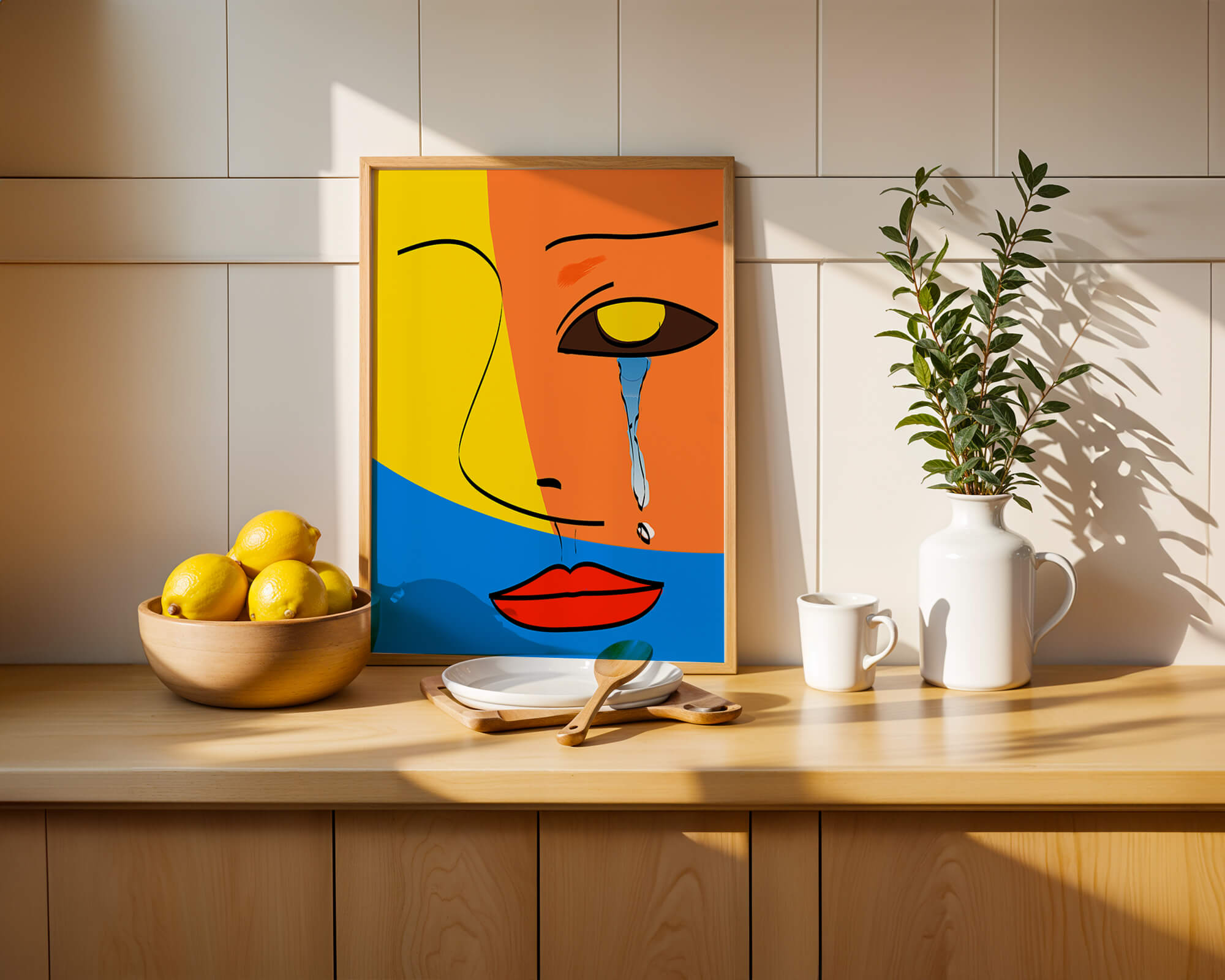 Colorful abstract face art with tear in modern style