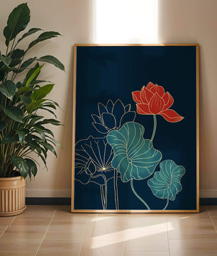 Elegant Floral Illustration with Vibrant Lotus and Gold Outlines on Dark Background