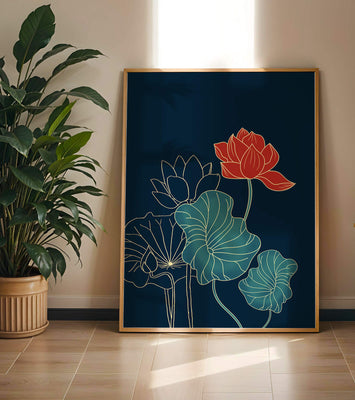 Elegant Floral Illustration with Vibrant Lotus and Gold Outlines on Dark Background