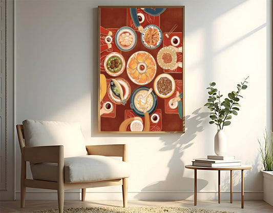 Colorful Chinese cuisine on a dining table with traditional dishes