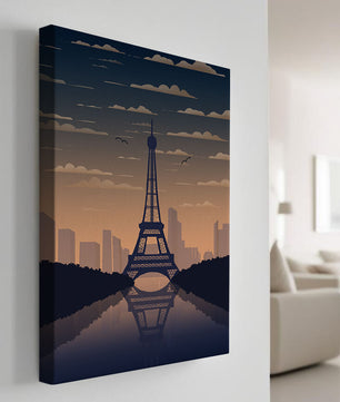 Vista escénica de la Torre Eiffel al anochecer con reflejo del horizonte urbano