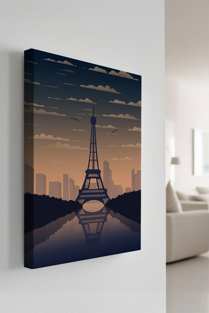 Scenic view of the Eiffel Tower at dusk with city skyline reflection