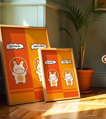 Adorable cartoon bunnies on vibrant orange and yellow background