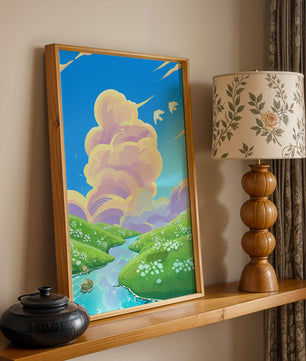Serene landscape with rolling hills, stream, and vibrant sky