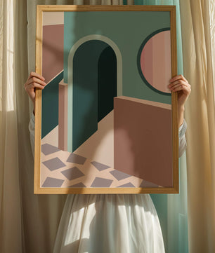 Abstract architectural scene with geometrical shapes