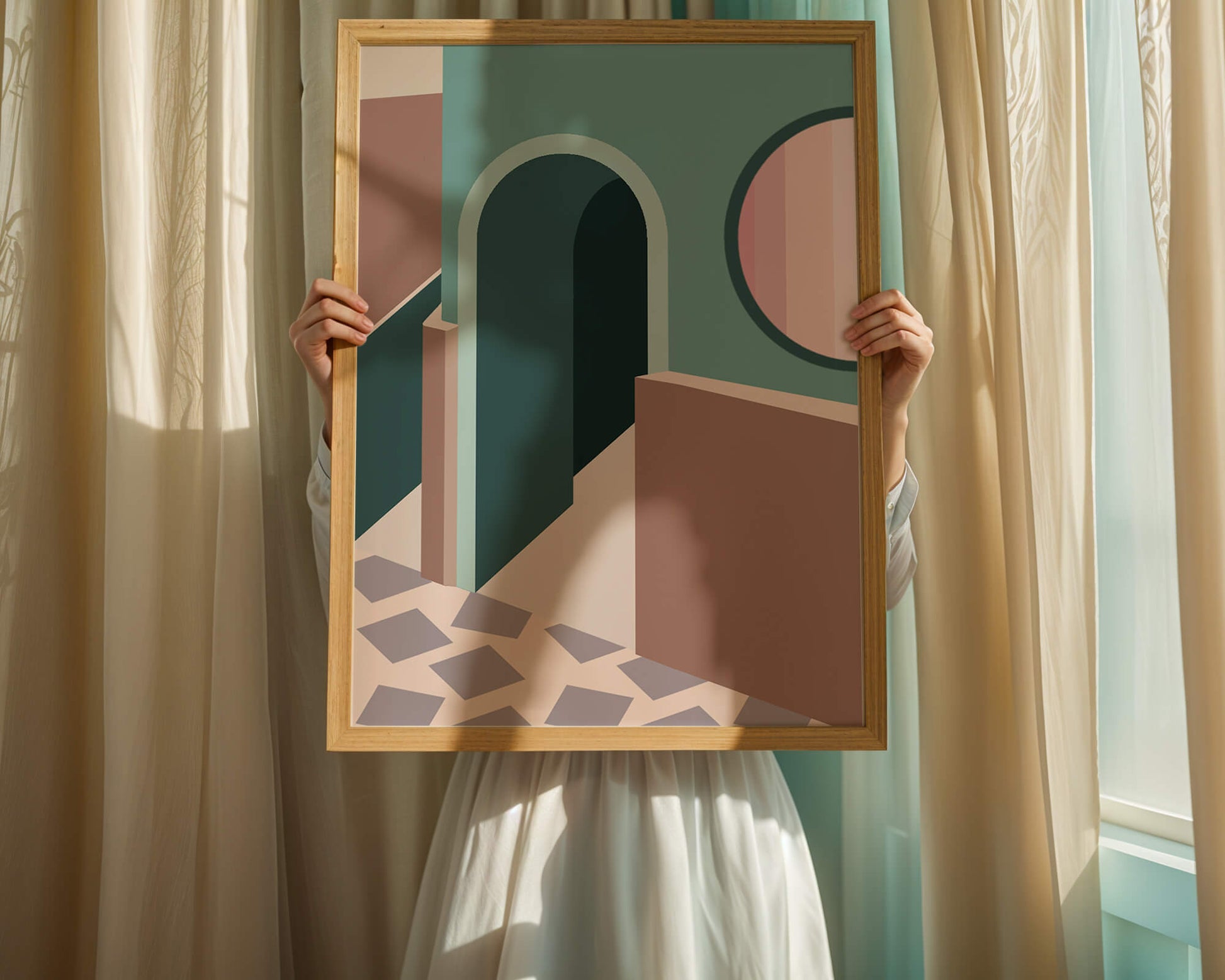 Abstract architectural scene with geometrical shapes