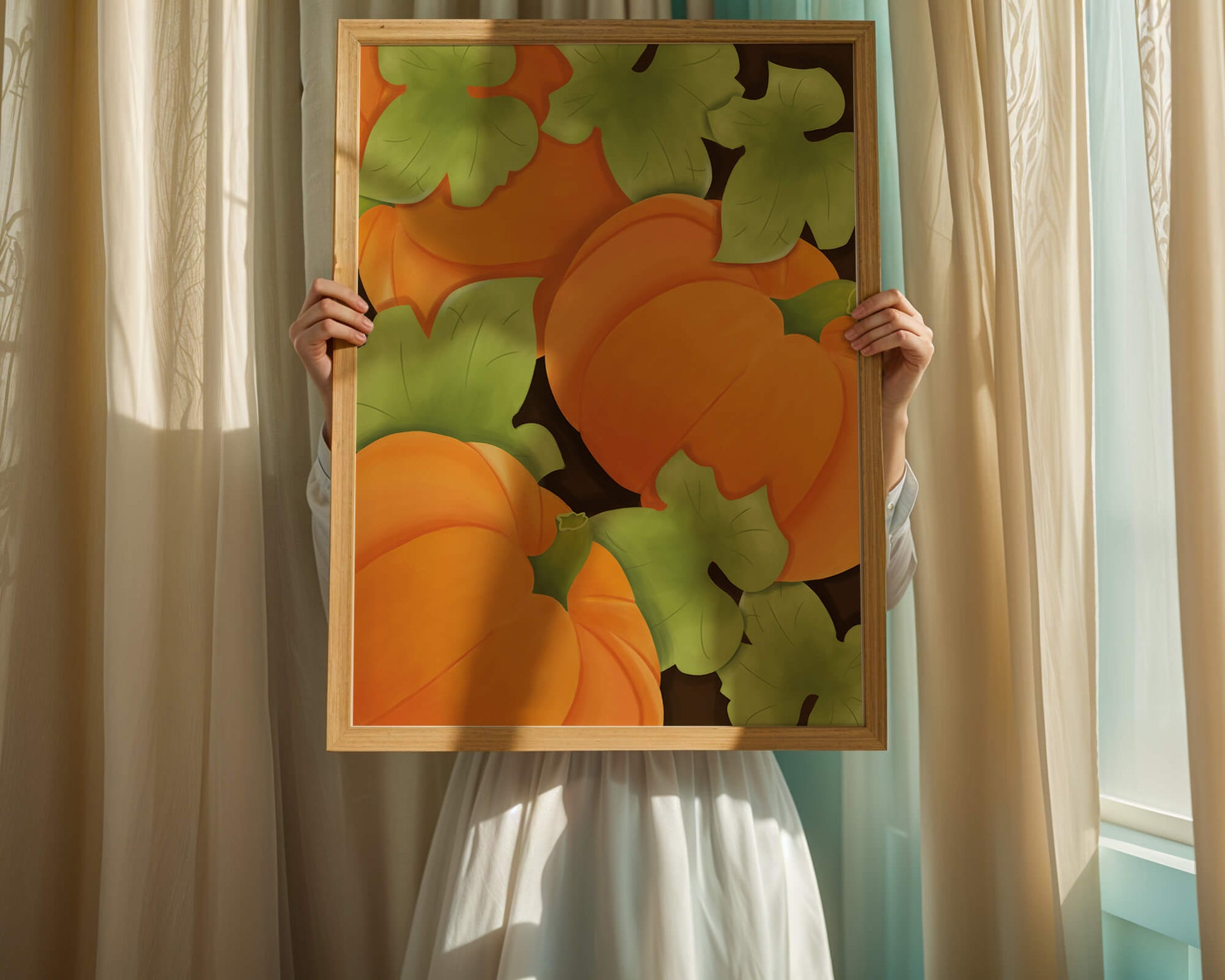 Colorful Pumpkin Pattern With Green Leaves
