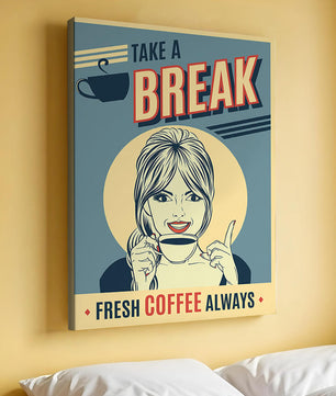 Retro Coffee Break Poster with Woman Holding a Cup - Mi tienda
