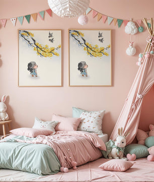 Charming illustration of a child gazing at birds and yellow blossoms