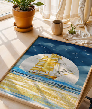 Navire à voile doré sur la mer avec des mouettes et un horizon bleu