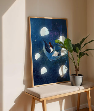 Dreamlike scene of a girl riding a whale among jellyfish in space
