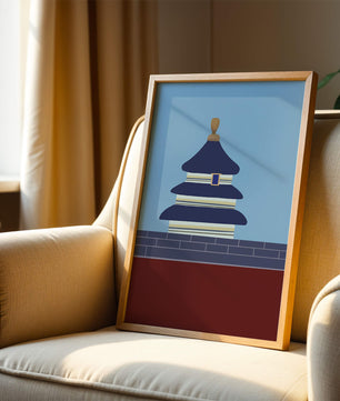 Ilustración abstracta del Templo del Cielo con detalles azules y dorados