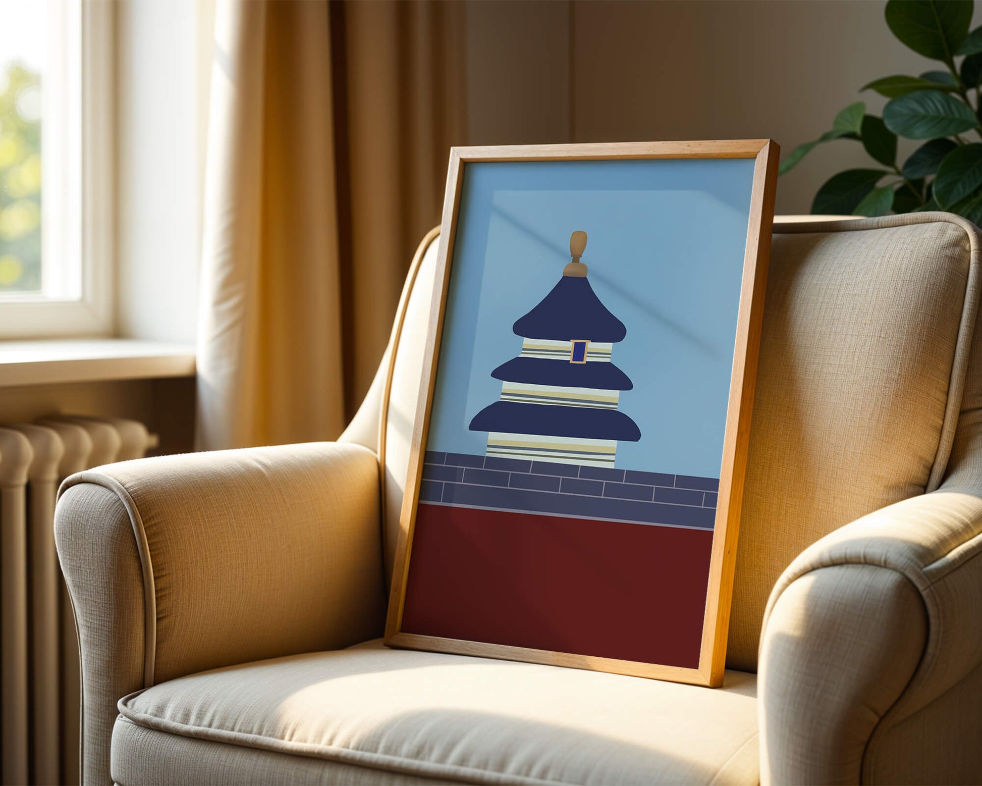 Ilustración abstracta del Templo del Cielo con detalles azules y dorados