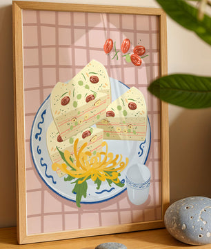 Illustration of layered cake on patterned plate with flowers and a cup