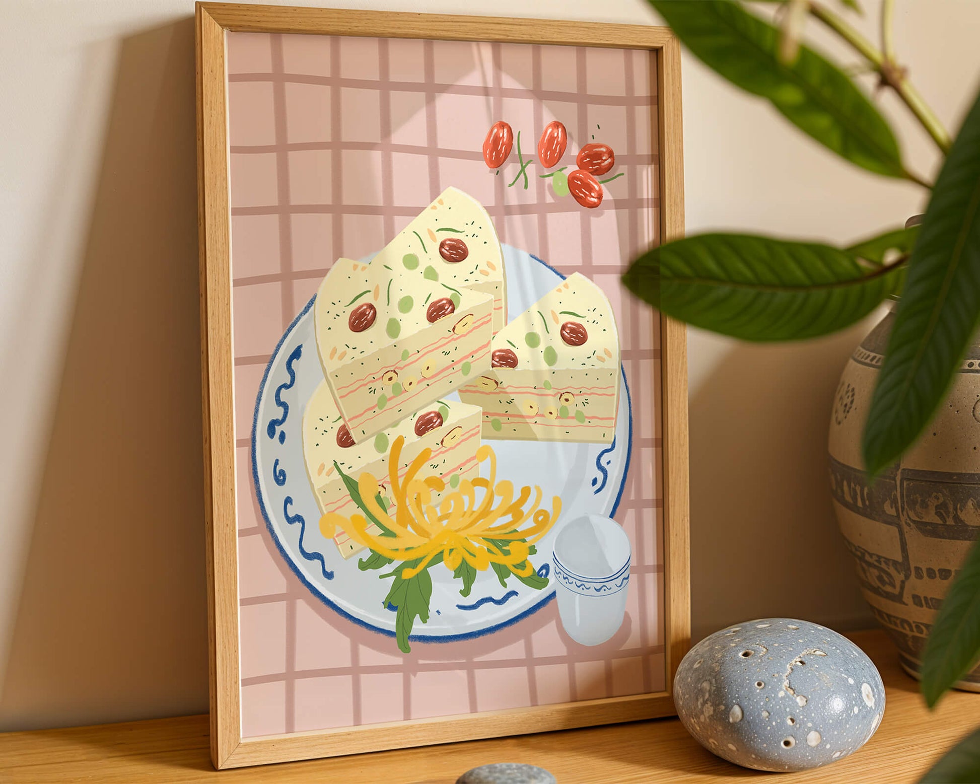 Illustration of layered cake on patterned plate with flowers and a cup
