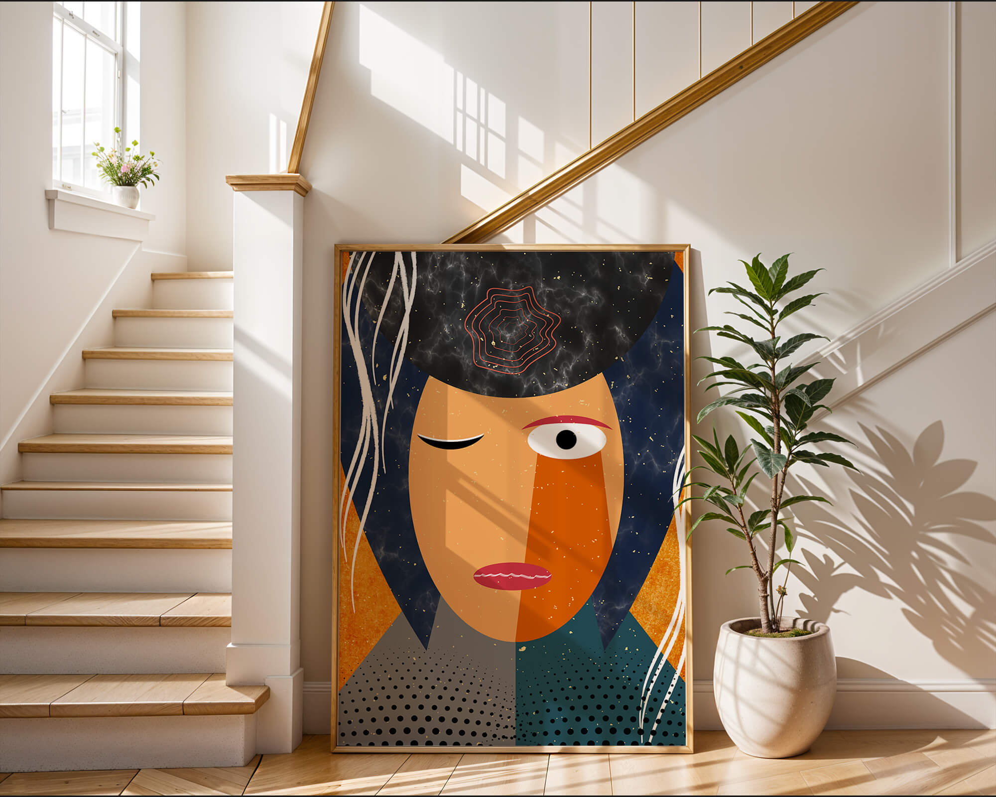 Abstract geometric portrait featuring vibrant colors and textures
