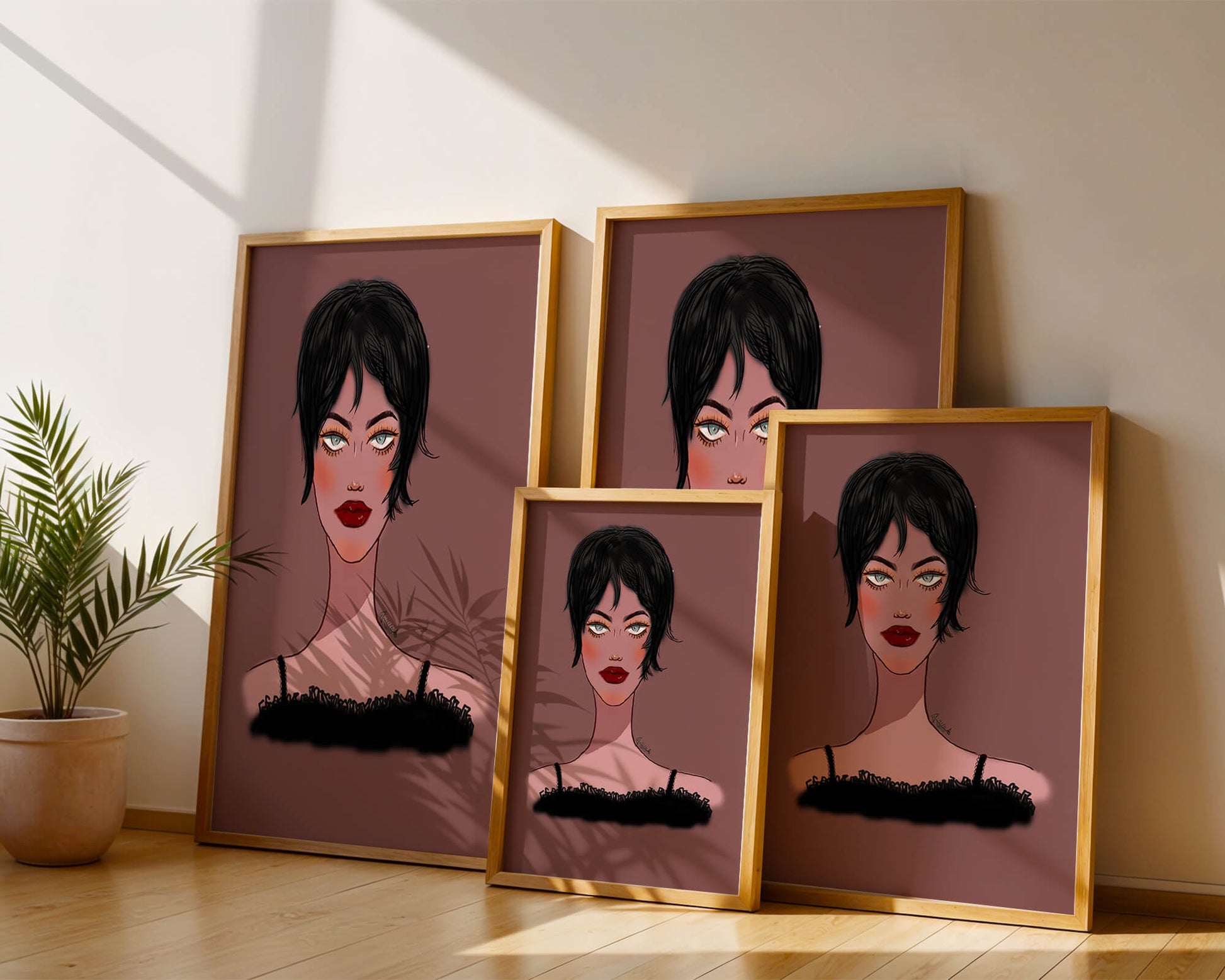 Illustration of a woman with short black hair and striking makeup on a brown background