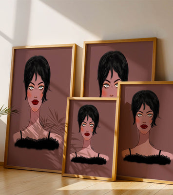 Illustration of a woman with short black hair and striking makeup on a brown background