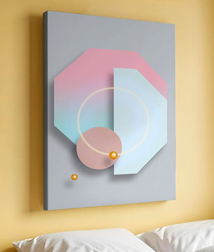 An abstract geometric art piece with pastel tones and golden accents