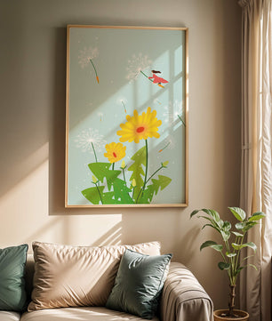 Whimsical illustration of a girl flying with dandelions in a colorful floral scene