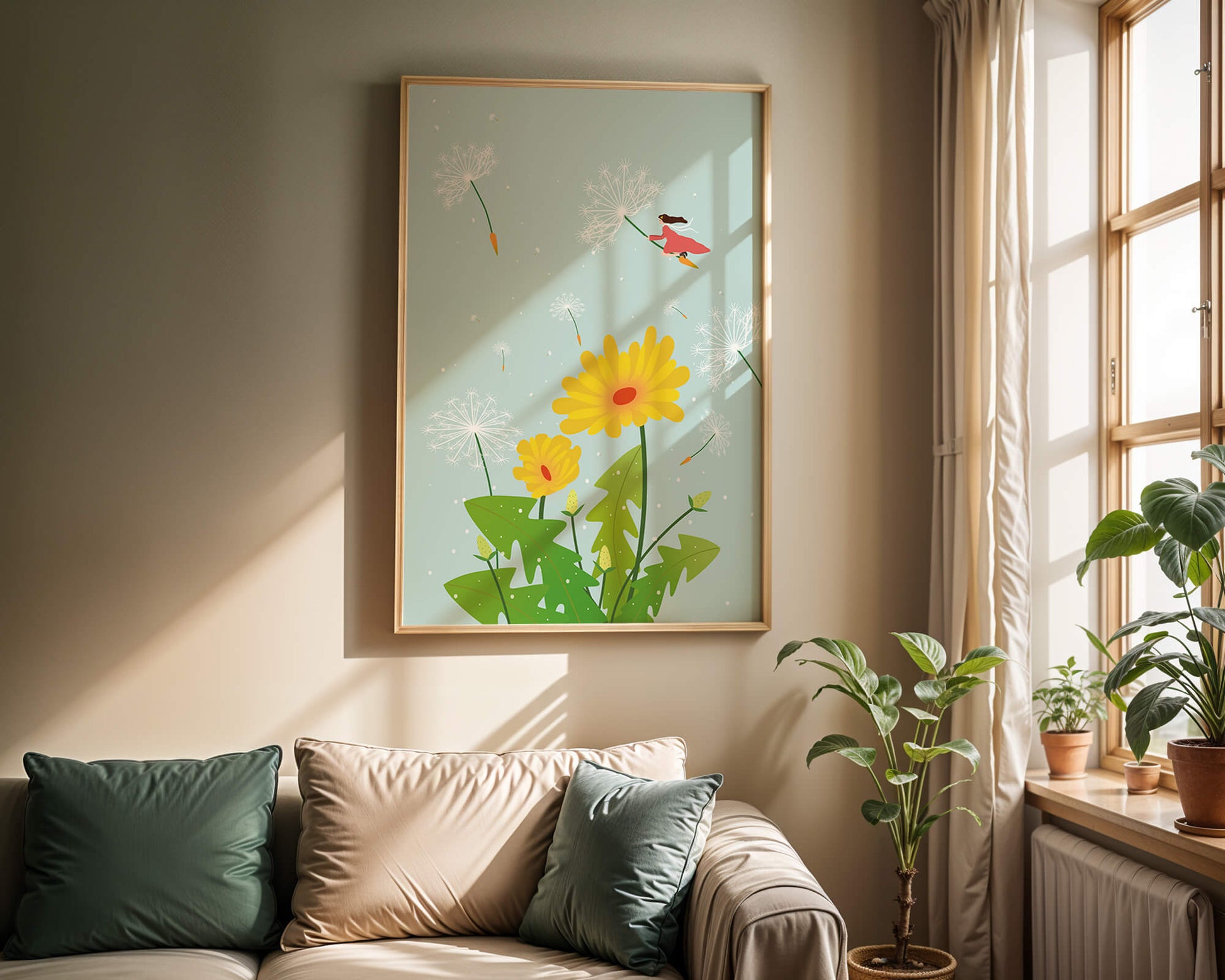 Whimsical illustration of a girl flying with dandelions in a colorful floral scene