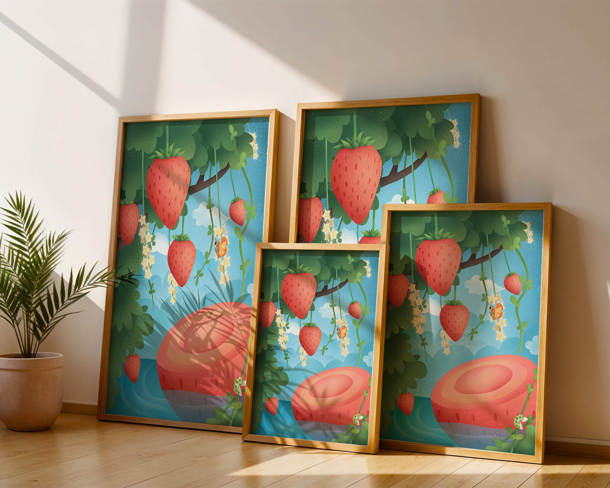 Illustrated strawberries in a whimsical garden setting