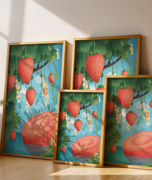Illustrated strawberries in a whimsical garden setting