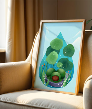 Nature-inspired abstract illustration with leaves and spheres
